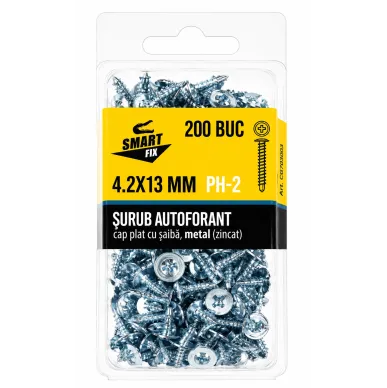 Șurub autofiletant pe metal 4,2*13 cu burghiu și cu cap plat și șaibă zincat 57SFP (50 buc.)